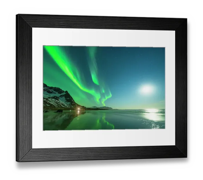 Framed Print : Moonlight over Skagsanden beach under Northern Lights Framed Print : Moonlight over Skagsanden beach under Northern Lights