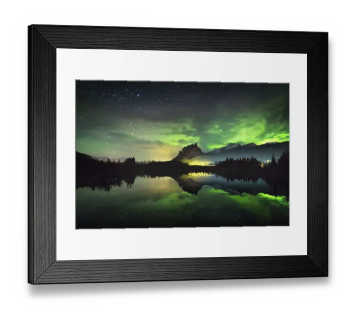 Framed Print : The aurora reflected in a small lake below Castle Mountain as a train light goes by, Banff National Park, Alberta, Canada Framed Print : The aurora reflected in a small lake below Castle Mountain as a train light goes by, Banff National Park, Alberta, Canada