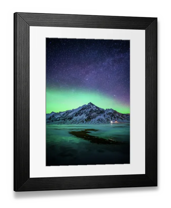 Framed Print : Snowy mountain with the aurora and milky way in Southern Iceland Framed Print : Snowy mountain with the aurora and milky way in Southern Iceland