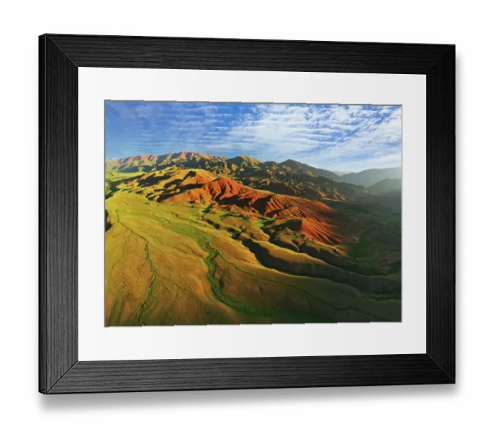 Framed Print : Aerial view of mountain landscape in Kyrgyzstan at sunset Framed Print : Aerial view of mountain landscape in Kyrgyzstan at sunset