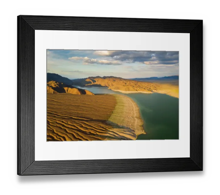 Framed Print : Aerial view of the dry reservoir in mountains