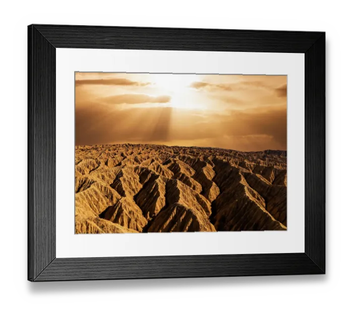 Framed Print : Aerial view of desert landscape in Kyrgyzstan at sunset