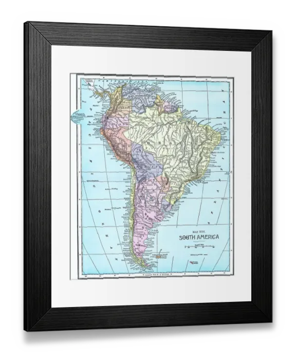 Framed Print : Old chromolithograph map of South America continent Framed Print : Old chromolithograph map of South America continent
