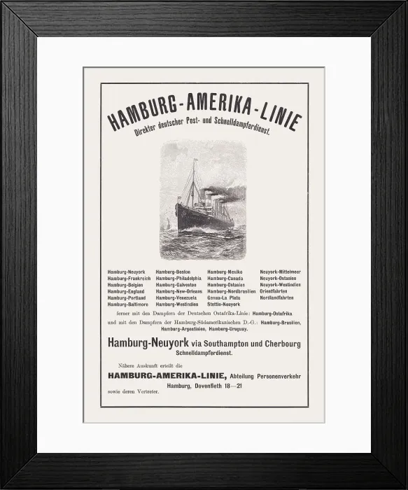 Framed Print : Hamburg America Line, Historical advertisement plakat, wood engraving, published 1900 Framed Print : Hamburg America Line, Historical advertisement plakat, wood engraving, published 1900