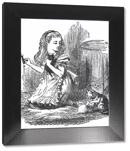 Alice holding a Chess Piece and Playing with her Kittens in Through the Looking-Glass