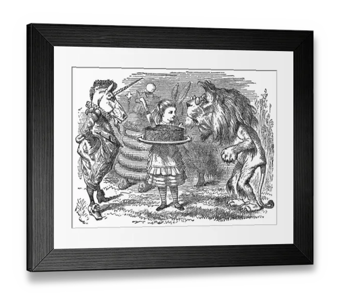 Framed Print : Alice holding a Plum Cake with The Lion and the Unicorn in Through the Looking-Glass Framed Print : Alice holding a Plum Cake with The Lion and the Unicorn in Through the Looking-Glass