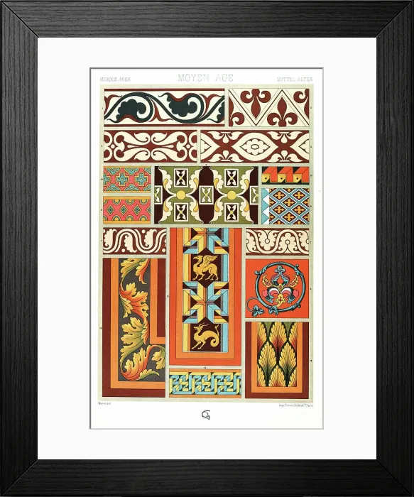 Framed Print : Antique Print Middle-age pattern Manuscripts Decoration by Racinet - Lithograph