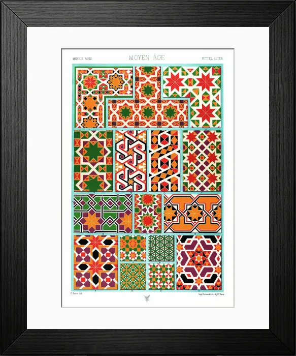 Framed Print : Antique Print Middle-age pattern Manuscripts Decoration by Racinet - Lithograph