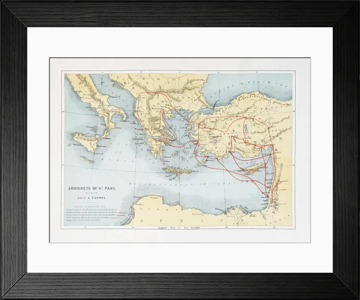 Framed Print : Steel Engraved Map Journeys of St. Paul - Holy Land Maps 1860 Framed Print : Steel Engraved Map Journeys of St. Paul - Holy Land Maps 1860