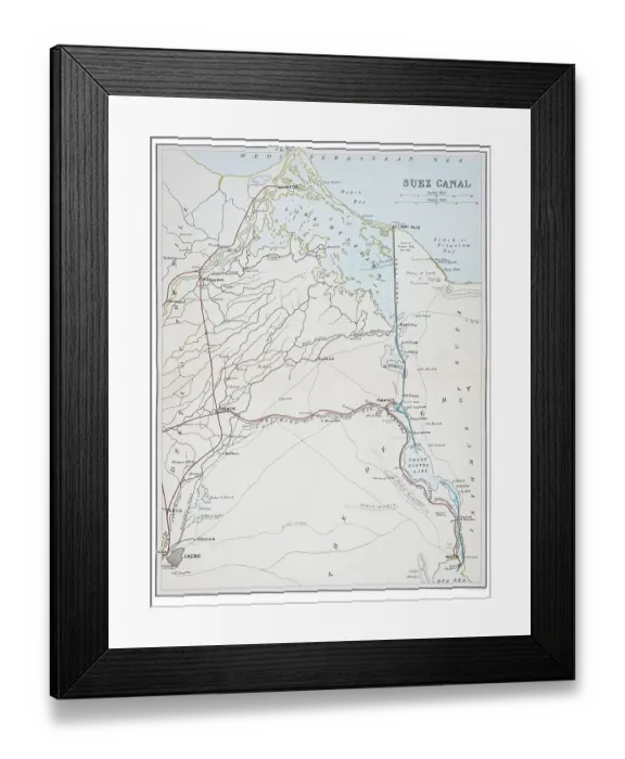 Framed Print : Suez Canal Map 1898 Framed Print : Suez Canal Map 1898