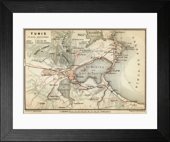 Framed Print : Tunisia - Lithograph Map Published 1890, Leipzig for Italie. Manuel du Voyageur by Karl Baedeker Framed Print : Tunisia - Lithograph Map Published 1890, Leipzig for Italie. Manuel du Voyageur by Karl Baedeker