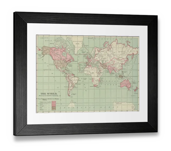Framed Print : Old chromolithograph map of the World, showing the Colonial Possessions Framed Print : Old chromolithograph map of the World, showing the Colonial Possessions