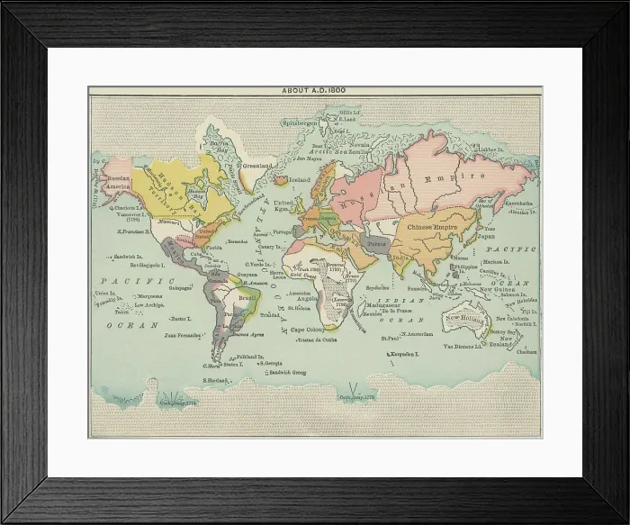 Framed Print : Old chromolithograph map of geographical knowledge at about 1800 A.D Framed Print : Old chromolithograph map of geographical knowledge at about 1800 A.D