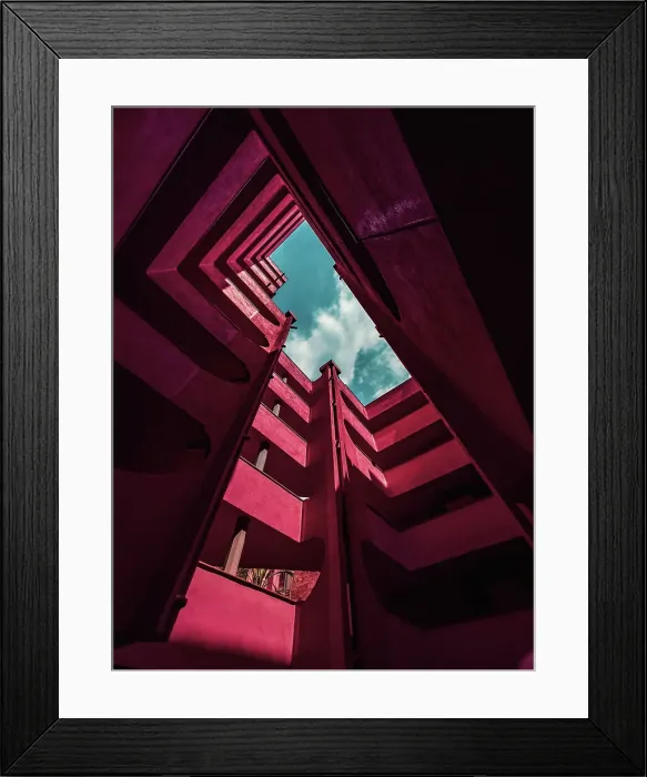 Framed Print : Red architecture with different levels and stunning design seen from below Framed Print : Red architecture with different levels and stunning design seen from below