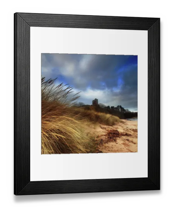 Framed Print : Ruined castle in sand dunes shore Framed Print : Ruined castle in sand dunes shore
