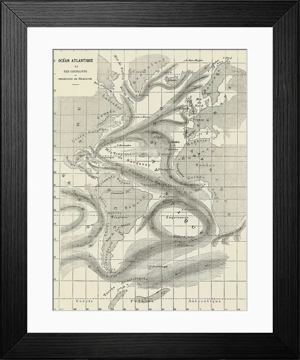 Framed Print : Old engraved map of Atlantic Ocean and its currents
