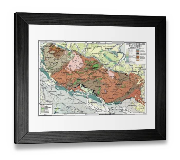 Framed Print : Old chromolithograph geological map of the Harz, a highland area in northern Germany, has the highest elevations for that region, and its rugged terrain extends across parts of Lower Saxony, Saxony-Anhalt, and Thuringia Framed Print : Old chromolithograph geological map of the Harz, a highland area in northern Germany, has the highest elevations for that region, and its rugged terrain extends across parts of Lower Saxony, Saxony-Anhalt, and Thuringia