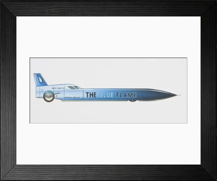 Framed Print : Blue Flame rocket-style sports car, side view