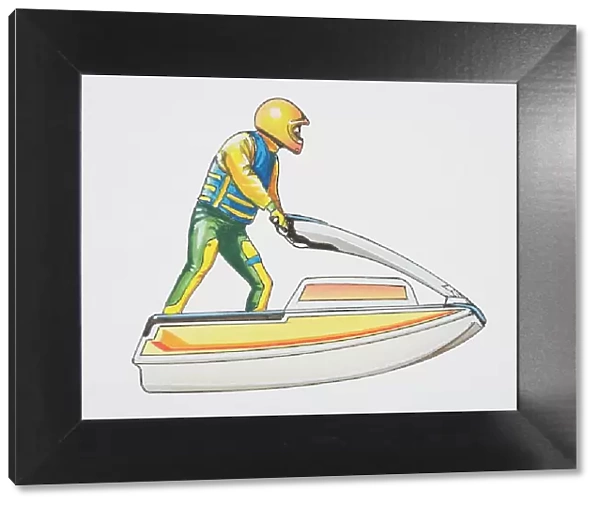 Man in a yellow helmet riding a jet ski, side view