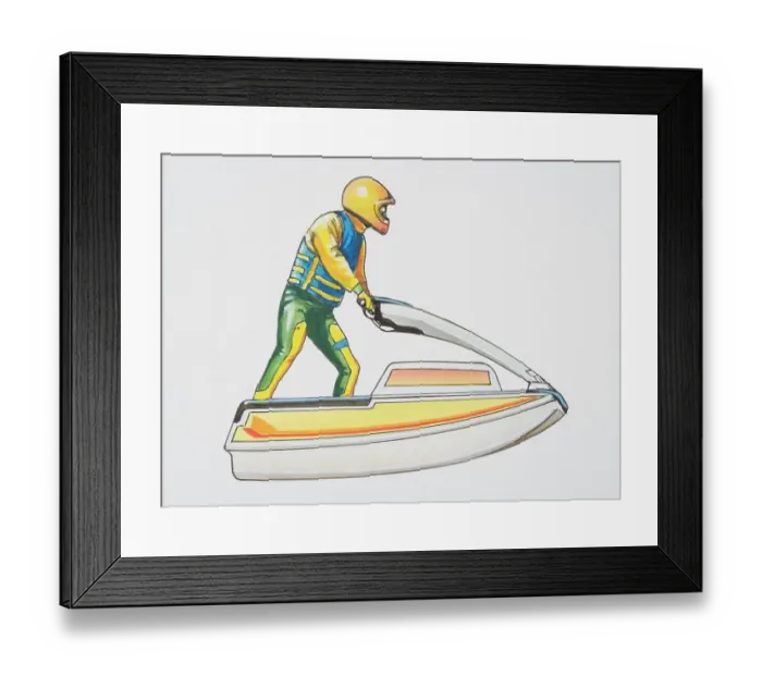 Framed Print : Man in a yellow helmet riding a jet ski, side view Framed Print : Man in a yellow helmet riding a jet ski, side view