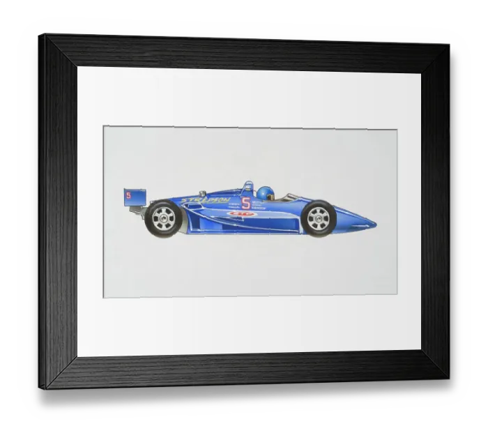 Framed Print : Blue motor-racing car with driver sitting in he front, side view Framed Print : Blue motor-racing car with driver sitting in he front, side view