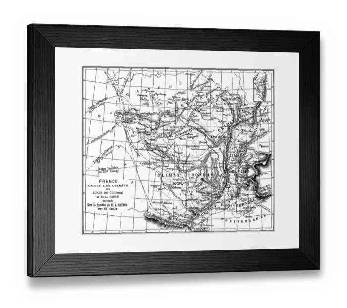 Framed Print : Old engraved illustration of France climate map of growing areas and wildlife Framed Print : Old engraved illustration of France climate map of growing areas and wildlife