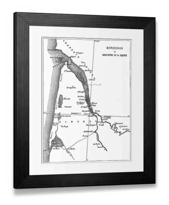Framed Print : Old engraved map of Bordeaux, port city on the river Garonne in the Gironde department, Southwestern France Framed Print : Old engraved map of Bordeaux, port city on the river Garonne in the Gironde department, Southwestern France