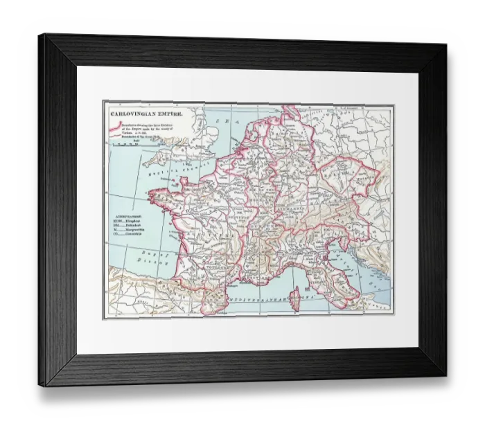 Framed Print : Old chromolithograph map of the Carolingian Empire (800-888) a Frankish-dominated empire in Western and Central Europe during the Early Middle Ages Framed Print : Old chromolithograph map of the Carolingian Empire (800-888) a Frankish-dominated empire in Western and Central Europe during the Early Middle Ages