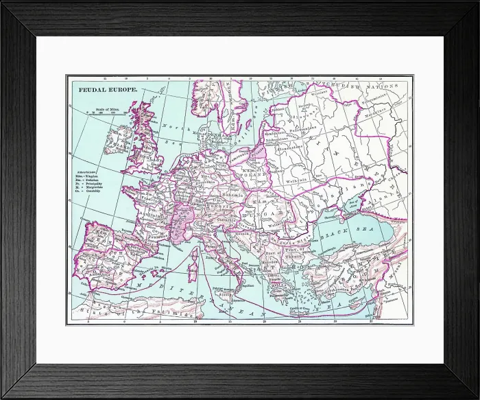 Framed Print : Old chromolithograph map of the feudal Europe Framed Print : Old chromolithograph map of the feudal Europe