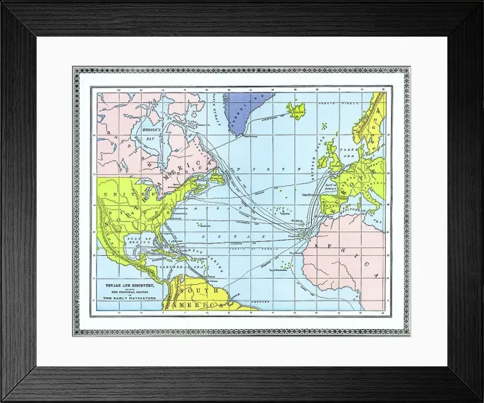 Framed Print : Old chromolithograph map of voyage and discovery - showing the principal routes of the early navigators Framed Print : Old chromolithograph map of voyage and discovery - showing the principal routes of the early navigators