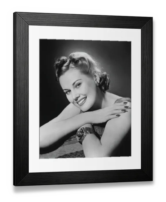 Framed Print : Glamorous woman posing in studio, (B&W), portrait, close-up