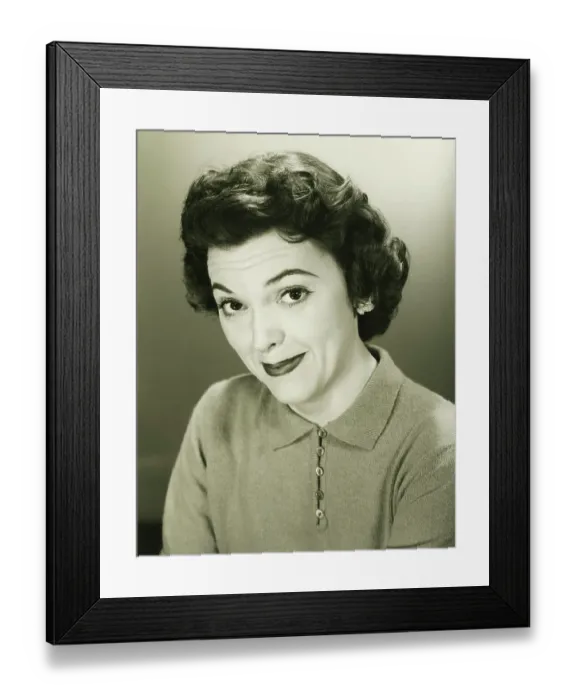 Framed Print : Smiling woman in studio, (B&W), close-up, portrait Framed Print : Smiling woman in studio, (B&W), close-up, portrait