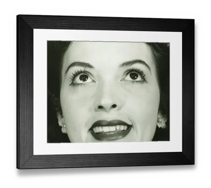 Framed Print : Woman smiling, Close-up of face, (B&W) Framed Print : Woman smiling, Close-up of face, (B&W)
