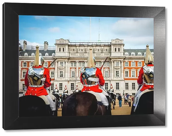 The Royal Guards in red uniform on horses, The Life Guards, Household Cavalry Mounted Regiment, parade ground Horse Guards Parade, Changing of the Guard, Old Admiralty Building, Whitehall, Westminster, London, England, United Kingdom