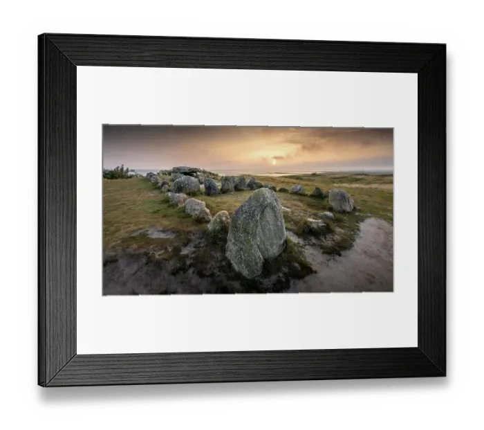 Framed Print : Golden sunrise behind the Harhoog barrow in the east of the island of Sylt, Germany Framed Print : Golden sunrise behind the Harhoog barrow in the east of the island of Sylt, Germany