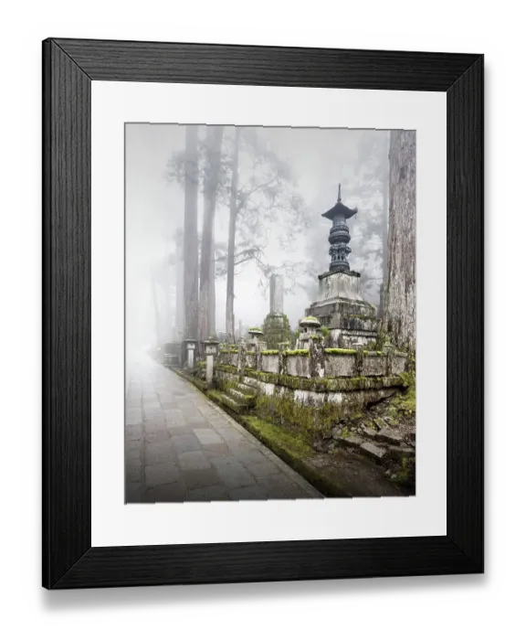Framed Print : Fog over one of 200, 000 tombs at the old Okunion cemetery in Koya-San, Osaka, Japan