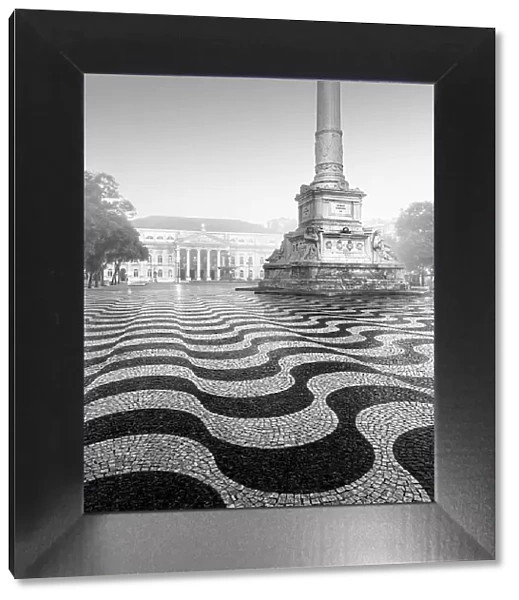 Black and white photograph of the Praca Dom Pedro with the famous wave pattern in Lisbon, Portugal