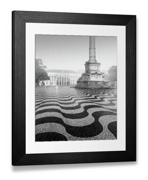 Framed Print : Black and white photograph of the Praca Dom Pedro with the famous wave pattern in Lisbon, Portugal Framed Print : Black and white photograph of the Praca Dom Pedro with the famous wave pattern in Lisbon, Portugal