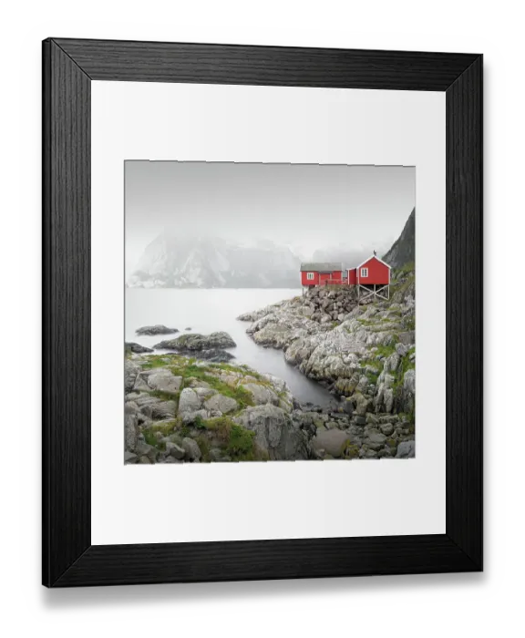 Framed Print : Red wooden houses by the fjord in Hamnoey, Lofoten, Norway Framed Print : Red wooden houses by the fjord in Hamnoey, Lofoten, Norway