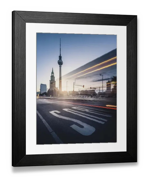 Framed Print : Berlin TV Tower with traces of light in the morning, Alexanderplatz, Berlin, Germany