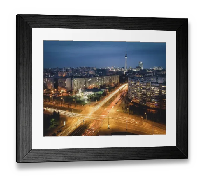 Framed Print : Traces of Light, Illuminated Crossing, Berlin Television Tower and Platz der Vereinten Nationen in the Evening, Berlin, Germany