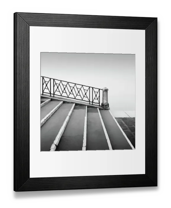 Framed Print : Black and white photograph of a bridge railing in the fog at the Fondamenta Nuove in the north of Venice, Italy