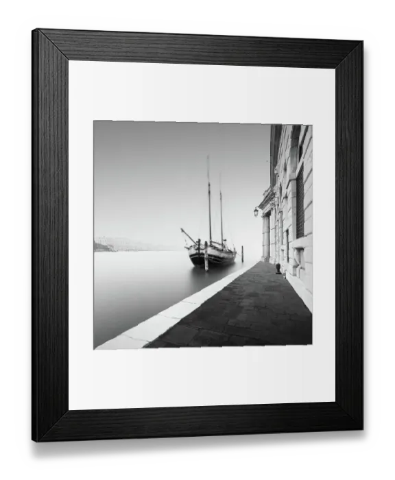 Framed Print : Black and white photograph of the Fondamenta Salute in the fog with a historic sailing ship in Venice, Italy