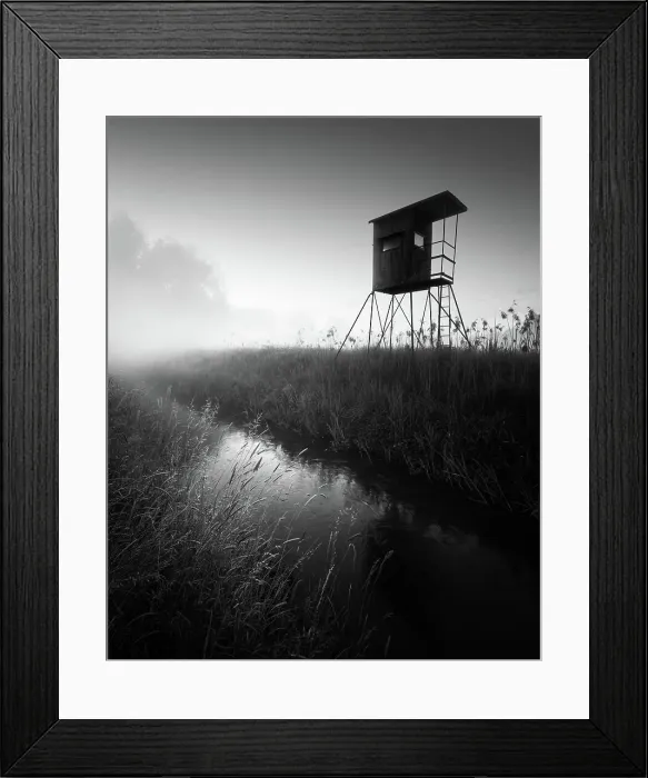 Framed Print : German floodplain landscape in Brandenburg with high seat on the Nuthe in black and white, Luckenwalde, Germany Framed Print : German floodplain landscape in Brandenburg with high seat on the Nuthe in black and white, Luckenwalde, Germany