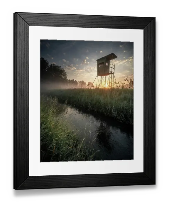 Framed Print : Sunrise behind Jaegerhochsitz in Brandenburg, Germany Framed Print : Sunrise behind Jaegerhochsitz in Brandenburg, Germany