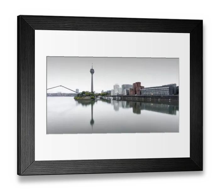 Framed Print : Media harbour with television tower and customs yard, Duesseldorf, Germany Framed Print : Media harbour with television tower and customs yard, Duesseldorf, Germany