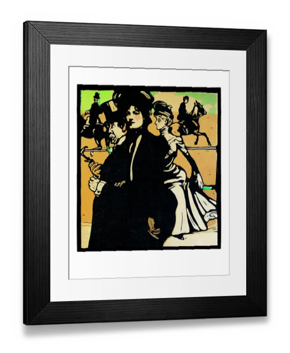 Framed Print : Group of people at horse racing in London art nouveau illustration 1898