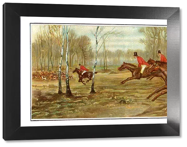 Hunters hunting on horses in forest art nouveau illustration