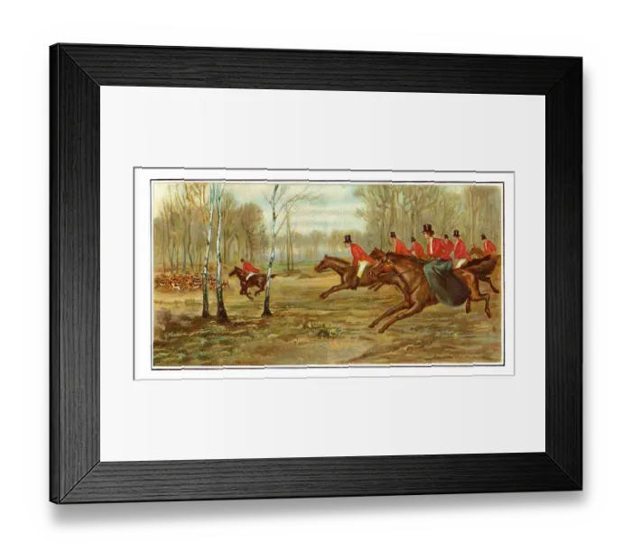 Framed Print : Hunters hunting on horses in forest art nouveau illustration Framed Print : Hunters hunting on horses in forest art nouveau illustration
