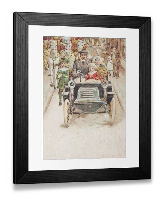 Framed Print : Father with children driving vintage car in city 1900 Framed Print : Father with children driving vintage car in city 1900